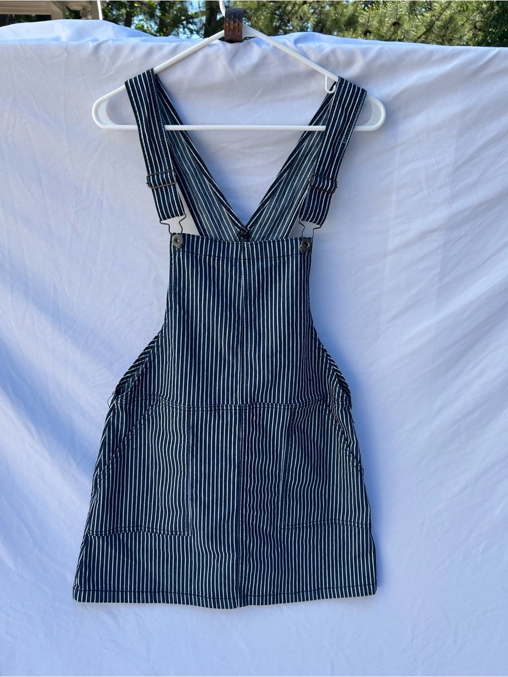 Altar’d state Striped Denim Pinafore Dress - Navy/White overalls with pockets